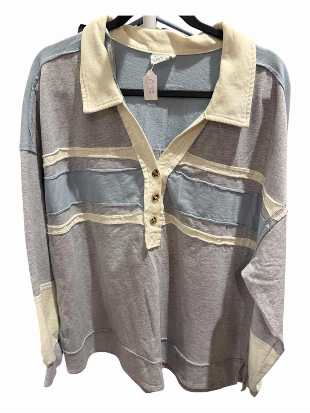 New In Women’s Long Sleeve Polo Tee in Light Gray and Cream